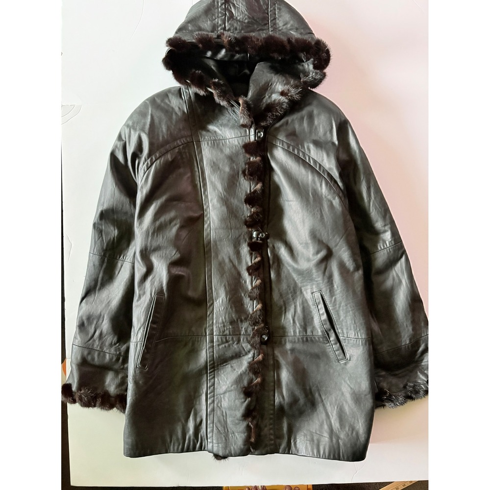 J. Percy for Marvin Richards Vintage Oversized Leather Fur Trim Hooded Coat